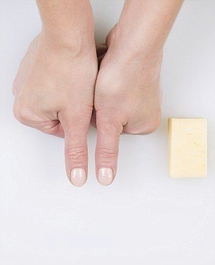 Sýr - dva palce: Porce sýra by se měla pohybovat kolem 30 gramů, to odpovídá šířce a délce obou palců. Má asi 125 kalorií a třetinu DDD vápníku. Co se strouhaného sýra týče, je to velikost pěsti.