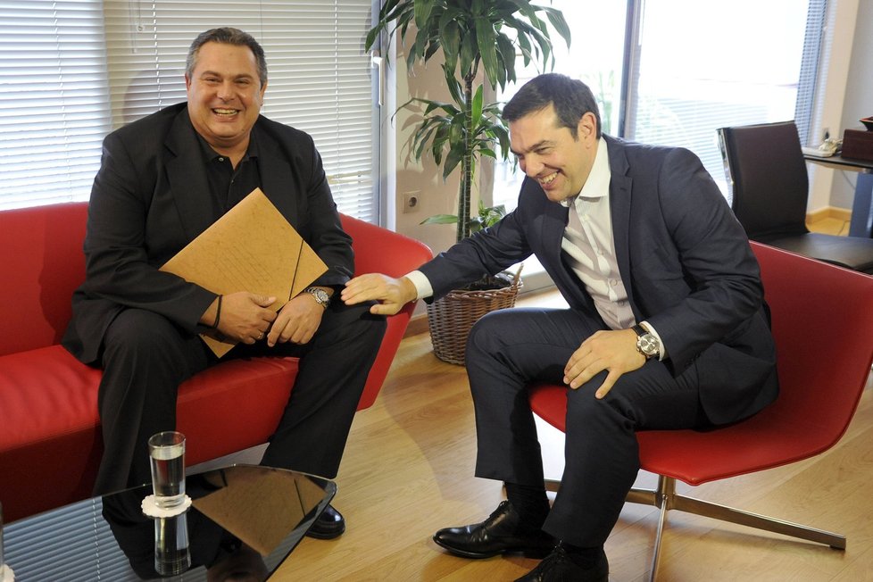 Alexis Tsipras (Syriza) a jeho spojenec Pannos Kammenos, lídr strany Nezávislí Řekové