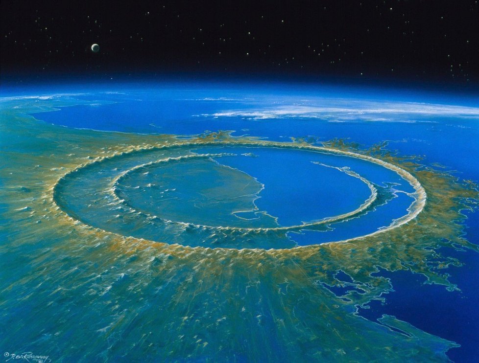 Gigantický kráter v Mexickém zálivu několik milionů let po dopadu planetky. Dnes je pohřben v hluboko pod povrchem a hladinou moře.