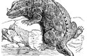 Původní rekonstrukce iguanodona z roku 1883. Vědci se domnívali, že žil ve vodě. Růžek na hlavě je chybně umístěný palec přední končetiny