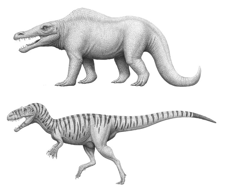 Dinosaurus megalosaurus na současné rekonstrukci (dole) a rekonstrukci z 19. století (nahoře)