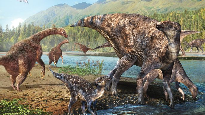 Terizinosauři (vlevo) a hadrosauři (vpravo) žili bok po boku jak v Asii, tak i v Severní Americe
