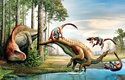 Dinosaurus Akrokantosaurus pozoruje útok deinonychů na tenontosaurusa