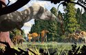 Příklad z křídového ekosystému s dravým gorgosaurem a několika druhy býložravých dinosaurů