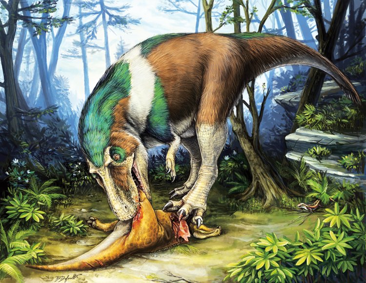 Gorgosaurus se krmí na uloveném kachnozobém dinosaurovi