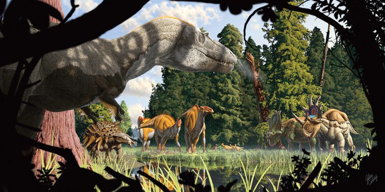 Příklad z křídového ekosystému s dravým gorgosaurem a několika druhy býložravých dinosaurů