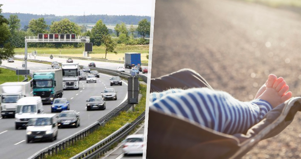 Německá dálnice a dítě v kočárku