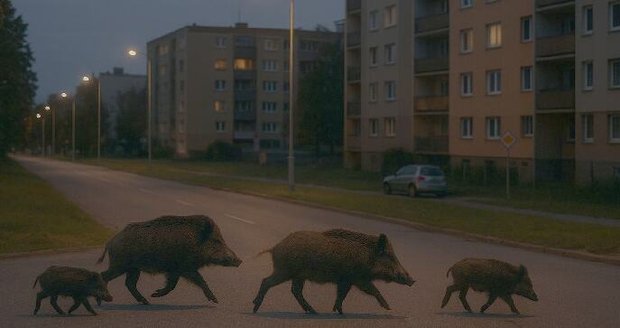 V okrajové části Hodonína se procházelo stádo divokých prasat. V okrajové části Hodonína se procházelo stádo divokých prasat.