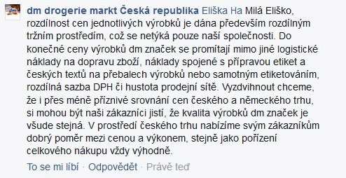 Drogerie vysvětluje zákazníkům na Facebooku vyšší ceny stejného zboží v Česku než v Německu.