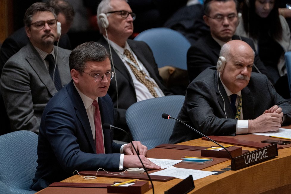 Šéf ukrajinské diplomacie Dmytro Kuleba vystoupil na jednání OSN v New Yorku (únor 2023).