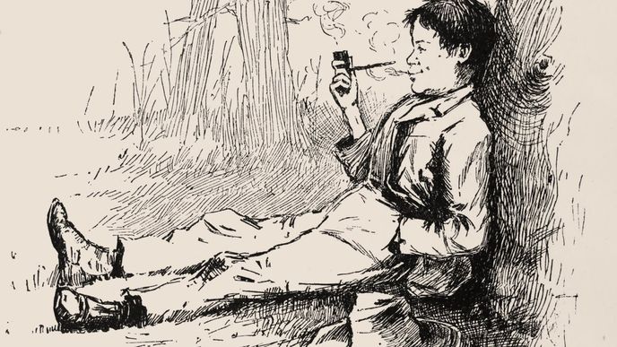 Původní ilustrace z obálky knihy Dobrodružství Huckleberryho Finna. Autorem kresby je E. W. Kemble.