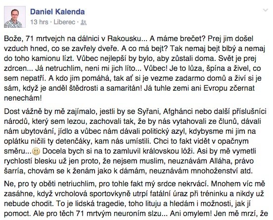 Kalendovo šokující vyjádření o uprchlících začalo brzy kolovat i na Twitteru