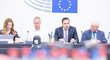 Dominik Hašek a Tomáš Zdechovský na brífinku po jedná v europarlamentu o ruských sportovcích