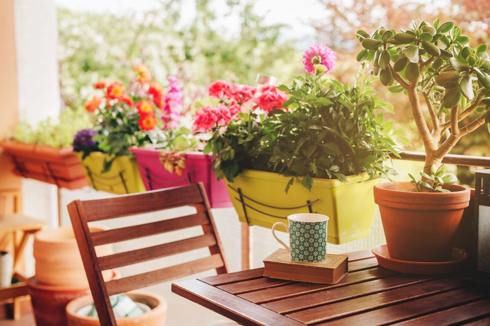 Pro pěstování na malém balkoně využijte co nejvíce závěsných nádob. Třeba závěsné truhlíky na zábradlí. Péči o rostliny vám usnadní samozavlažovací varianty.