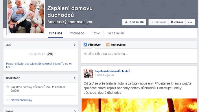 Nechutné: Zapalte domovy důchodců, vyzývá stránka na Facebooku, ten ji odmítl zrušit