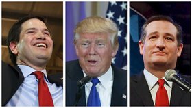 Kandidáti republikánů: Marco Rubio, Donald Trump a Ted Cruz
