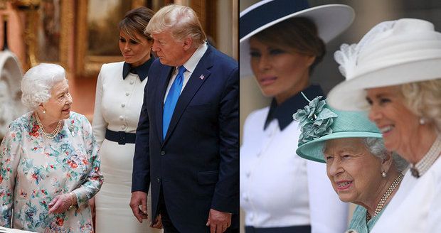 Trump dostal od královny pera, protestů si nevšiml. A Melania s Camillou se sladily do bílé