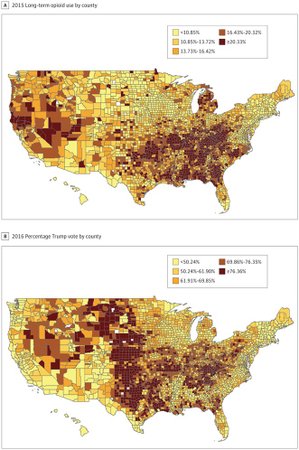 První mapa ukazuje míru závislosti na opiátech v USA. Druhá mapa ukazuje voličskou podporu Donalda Trumpa v roce 2016.