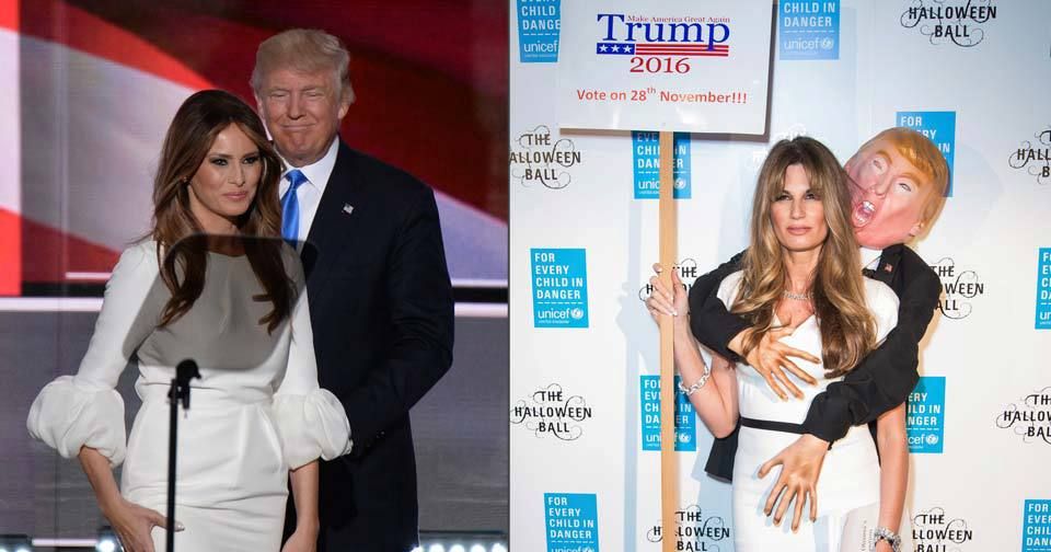 Gumový Donald Trump osahával novinářku! Ta je náramně podobná Trumpově manželce Melanii.