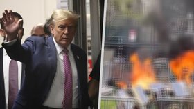 Před newyorským soudem, kde se vybírala porota do procesu s exprezidentem Donaldem Trumpem, se zapálil muž (19.4.2024)