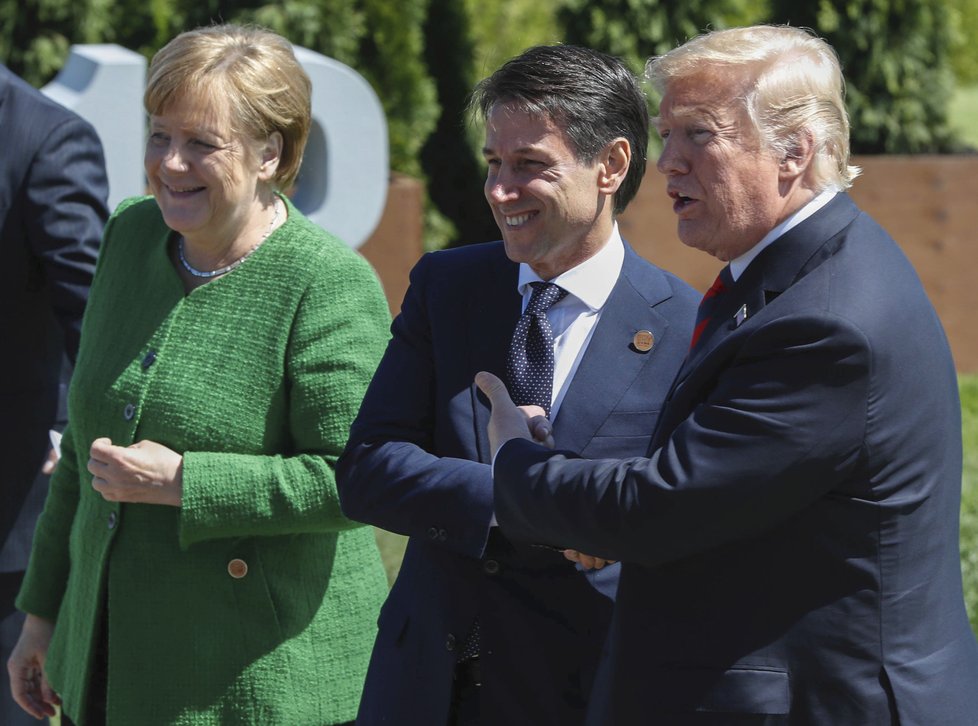 Německá kancléřka Angela Merkelová, italský premiér Giuseppe Conte a americký prezident Donald Trump