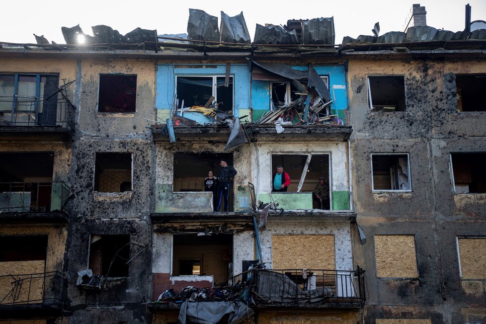 Zničené domy v Doněcku (30. 4. 2022)