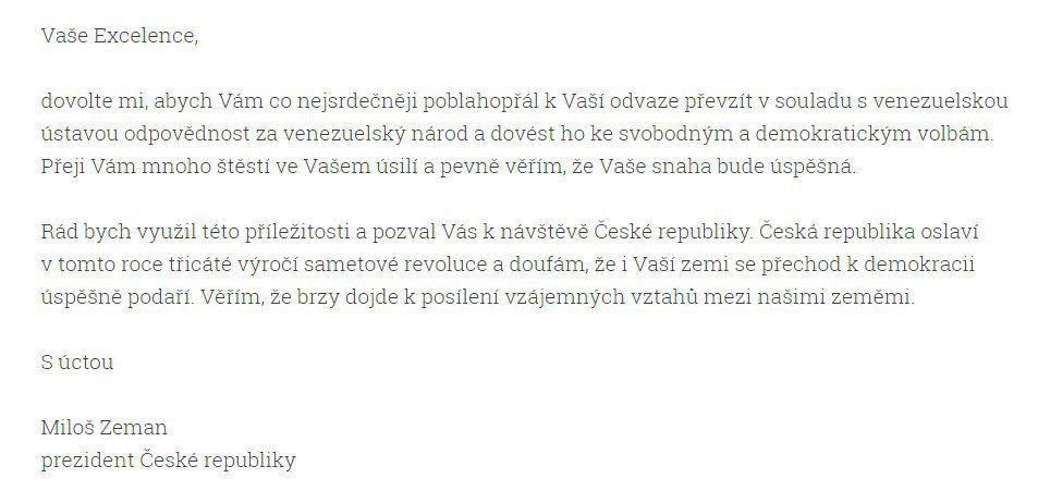 Tento dopis poslal Hrad venezuleskému opozičnímu lídrovi Guaidóvi