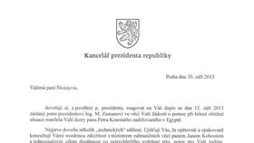 Tento dopis poslal Hynek Kmoníček z prezidentské kanceláře Evě N.