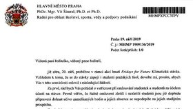 Dopis, ve kterém pražský radní pro školství Vít Šimral (Piráti) vyzývá ke vstřícnosti ředitelů škol při omlouvání studentů z výuky kvůli účasti na stávce za klima.