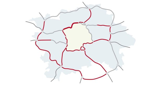 Vizualizace v současnosti dokončených dopravních okruhů v Praze.