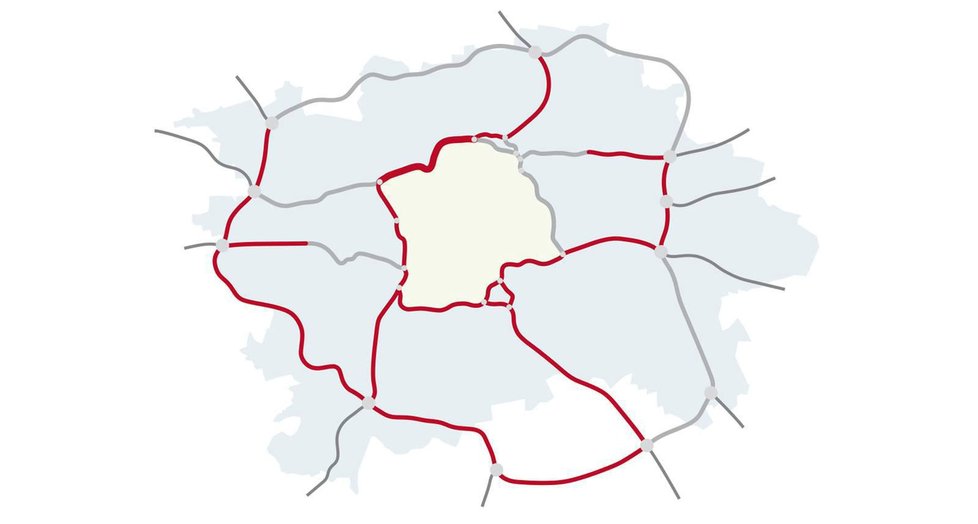 Vizualizace v současnosti dokončených dopravních okruhů v Praze.