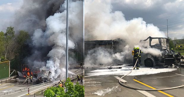 Kamion s dvěma tanky se srazil s vězeňským autobusem! 1 mrtvý, od Pražského okruhu se valil dým