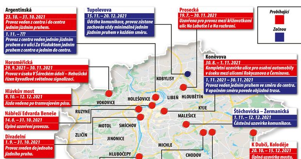 Uzavírky a plánované rekonstrukce silnic v Praze.