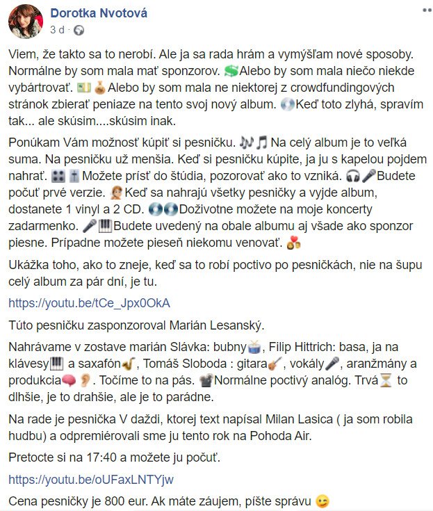 Dorota Nvotová prodává na facebooku své písničky.