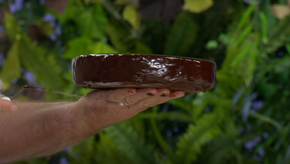 Čokoládovou polevu rozetřete po celé ploše dortu.