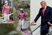 Do Trumpa šijí, že si vzal dlouhou dovolenou. Letní outfit Merkelové baví internet