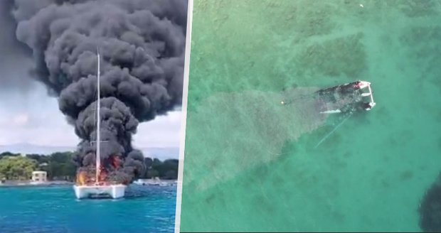Děsivé záběry velkého požáru na chorvatském ostrově: Z hořící plachetnice turisty zachránili místní