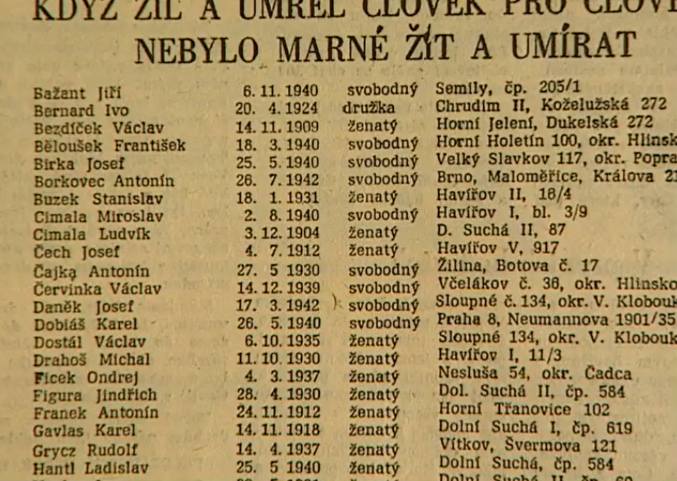 Tisk zveřejnil jména všech horníkl, kteří při neštěstí zahynuli.