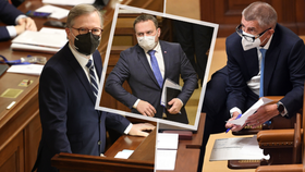 Jednání o důvěře vládě (12. 1. 2022): Zleva Premiér Petr Fiala (ODS), ministr práce a sociálních věcí Marian Jurečka (KDU-ČSL) a expremiér Andrej Babiš (ANO)