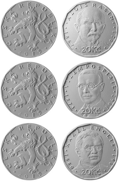 Dvacetikoruny s portréty tří nejvýznamnějších meziválečných finančníků – Aloise Rašína, Viléma Pospíšila a Karla Engliše