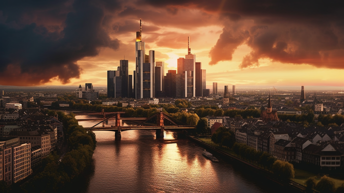 Centrum Frankfurtu nad Mohanem, včetně sídla Evropské centrální banky, vykreslené umělou inteligencí Midjourney