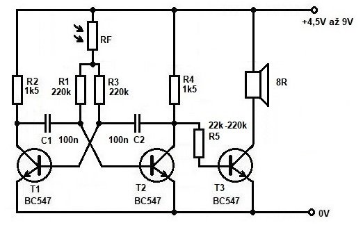 Zapojení multivibrátoru, výška tónu je řízena i světlem