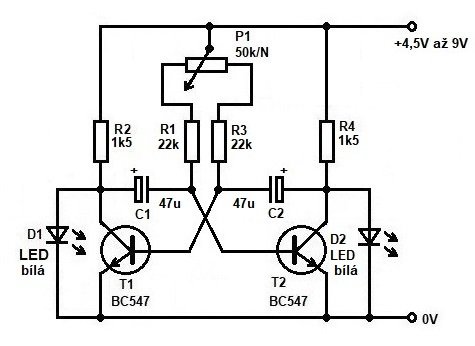 Multivibrátor s nastavitelnou střídou svitu LED diod - zapojení