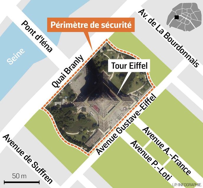 Nový bezpečnostní perimetr kolem Eiffelovky.