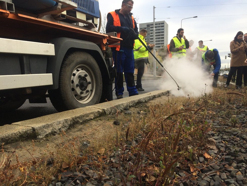 Takto vypadá ekologické vypořádání se s plevelem, kterým zarůstají tramvajové tratě v Praze. Oproti plošnému postřiku chemikáliemi se lze horkou vodou zaměřit na konkrétní místa a neničit tak případně celou plochu vegetace.