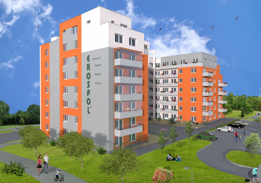Vizualizace bytového projektu developerské společnosti Ekospol v Praze-Horních Měcholupech.