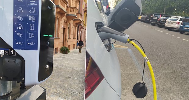 Nabíjecí stanice v lampě veřejného osvětlení v ulici Slezská na Praze 2.