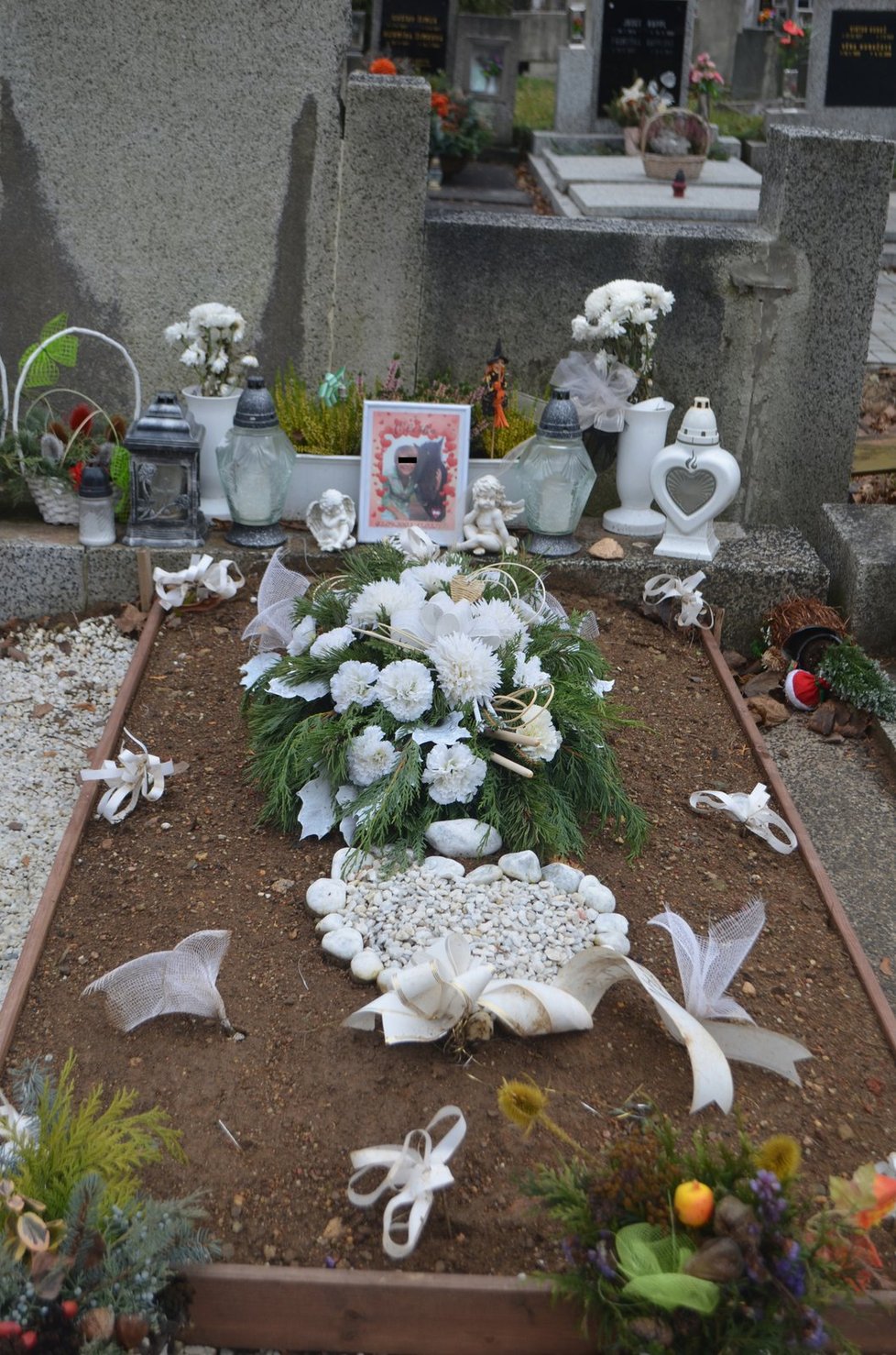 Eliščin hrob stále zdobí bílé květy.