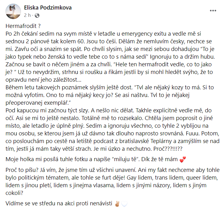 Eliška Podzimková popsala otřesný zážitek.