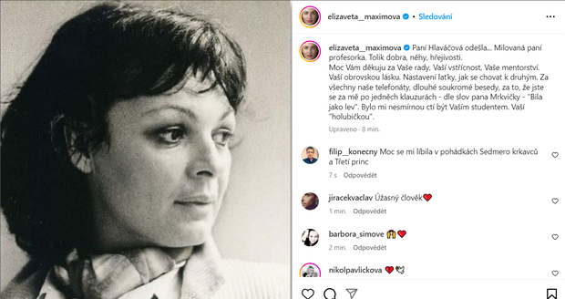 Herečka Elizaveta Maximová známá ze seriálu Jedna rodina vzpomínala na svou učitelku Janu Hlaváčovou